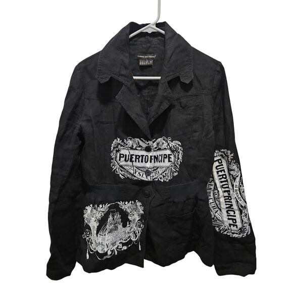 Unique Isabel de Pedro Black Blazer Jacket Size 8 Spain Designer Graphic - Picture 1 of 8